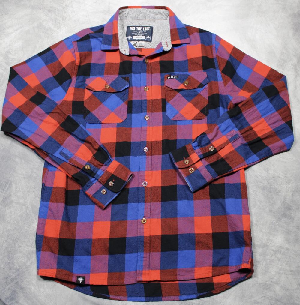 Ski The East Shirt Mens Medium Red Blue Plaid Flannel Long Sleeve Button Front